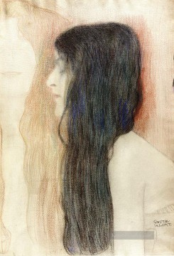 Gustave Klimt Werke - Mädchen mit langen Haaren mit einer Skizze für Nackt Veritas Gustav Klimt